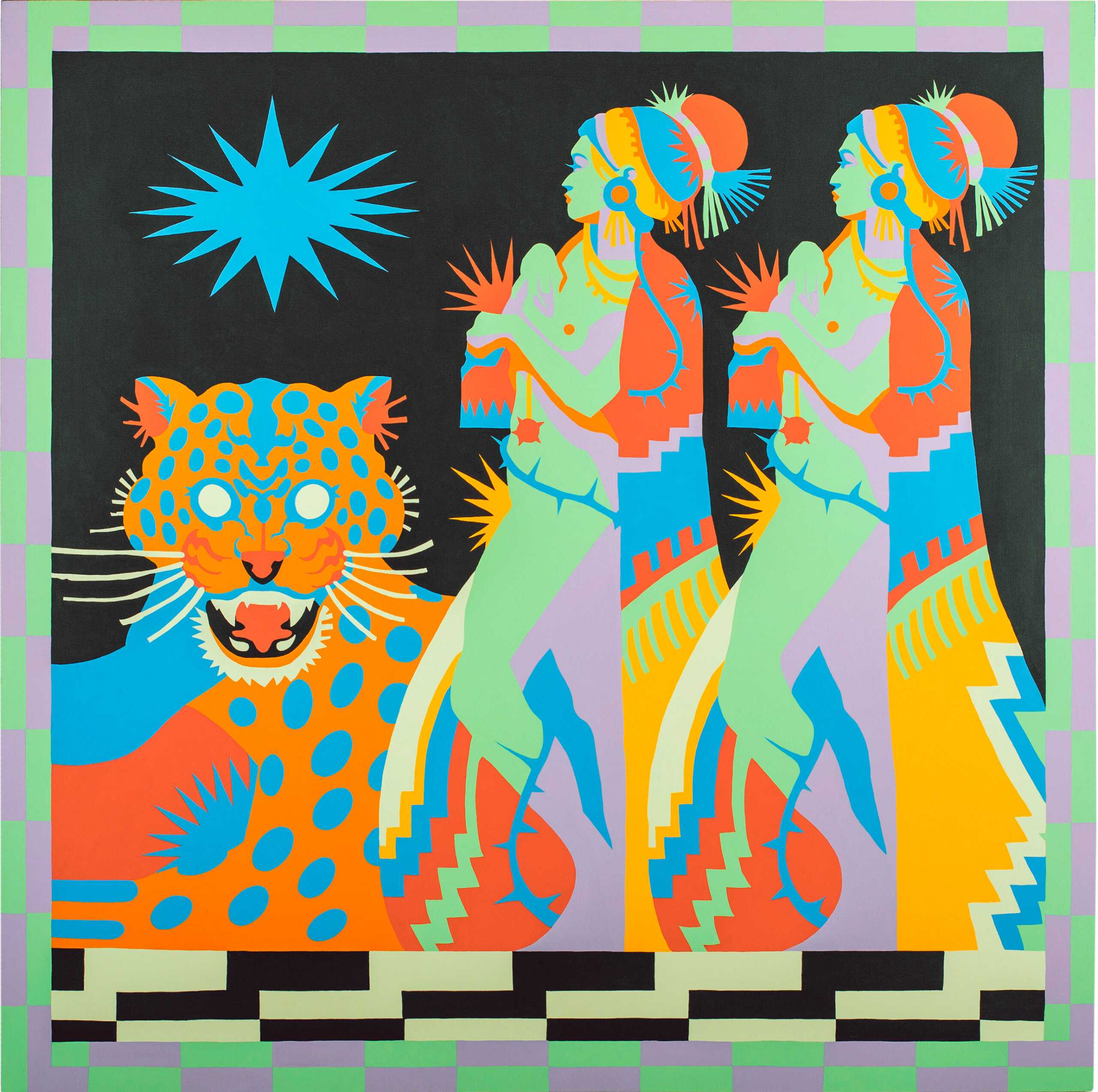 colorful painting of two women walking and a tiger