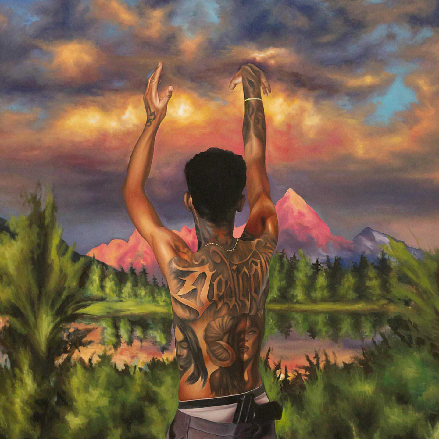 Painting of a person with tattooed back in front of a lake and mountain with hands up in the air